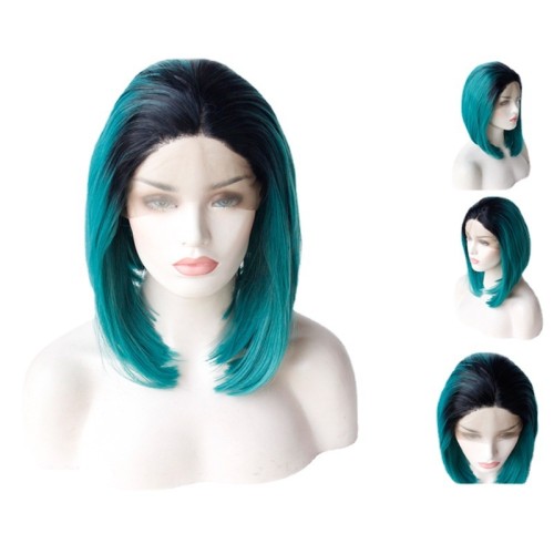 Cerulean Blue With Dark Roots Bob Straight Lace Front Synthetic Wig LF468