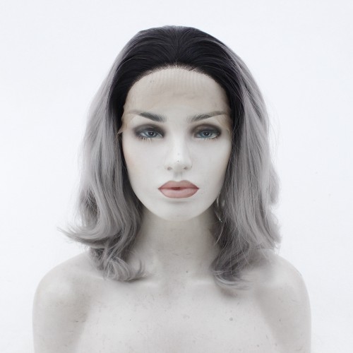 Grey With Dark Roots Shoulder-length Wavy Lace Front Synthetic Wig LF503