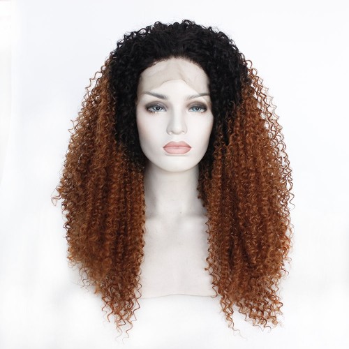 Kinky Curly Black Brown Ombre Lace Front Synthetic Wigs LF558