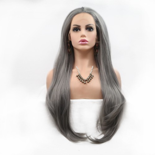 Two Tone Grey Straight Lace Front Synthetic Wigs LF616