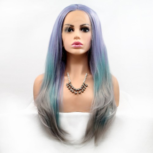 Light Purple Blue Grey Ombre Straight Lace Front Synthetic Wigs LF625