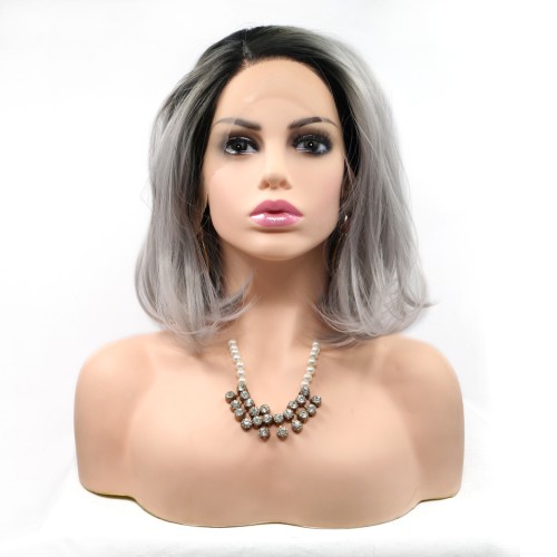 Grey With Dark Roots Straight Bob Lace Front Synthetic Wigs LF636