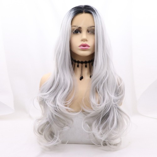 Silvery Grey With Dark Roots Body Wavy Lace Front Synthetic Wigs LF657