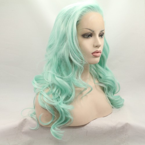 Light Lake Green Long Wavy Lace Front Synthetic Wigs LF680