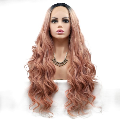 Brown Gradient Pink  Long Wavy Lace Front Synthetic Wigs LF681