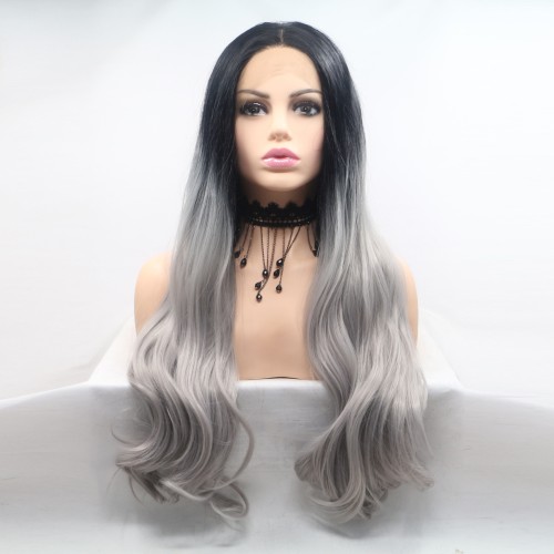 Black Grey Ombre Body Wavy Lace Front Synthetic Wigs LF684