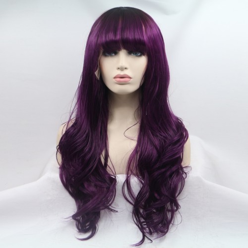 Dark Aubergine Bangs Wavy Lace Front Synthetic Wigs LF709