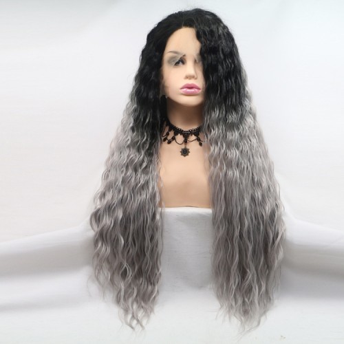 Black Grey Ombre Loose Curly Lace Front Synthetic Wigs LF717