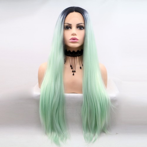 Opal Green With Dark Roots Long Straight Lace Front Synthetic Wigs LF738