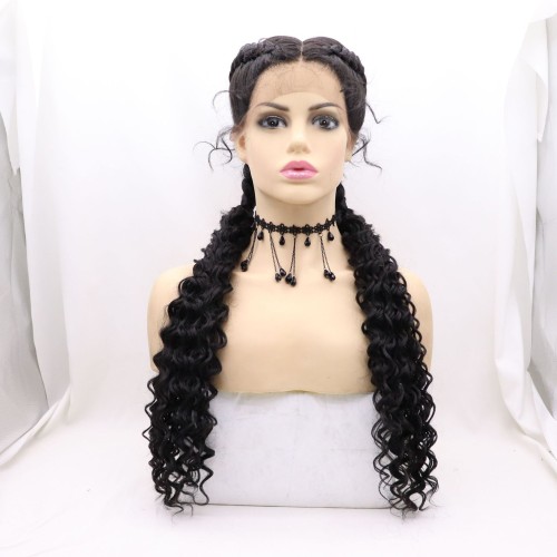 24" Black Double Braid Lace Front Synthetic Braided Wigs BW756