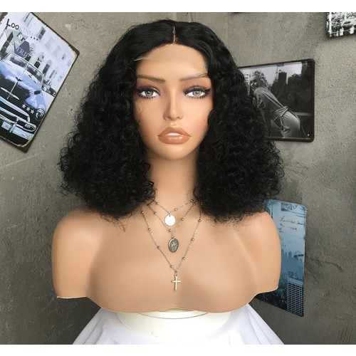 Black Short Kinky Curly Lace Front Blend Human Hair Wigs NH1218