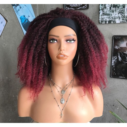 Wine Red Ombre African Caterpillar Short Curly Synthetic Afro Headband Wigs HW1311