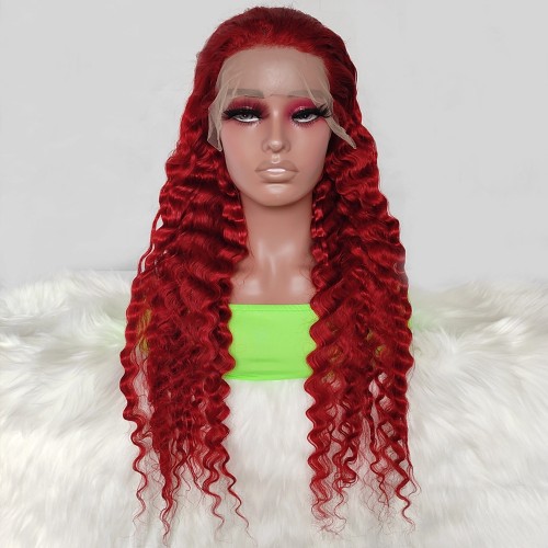20" Red Deep Wave Lace Front Remy Natural Hair Wig NH313