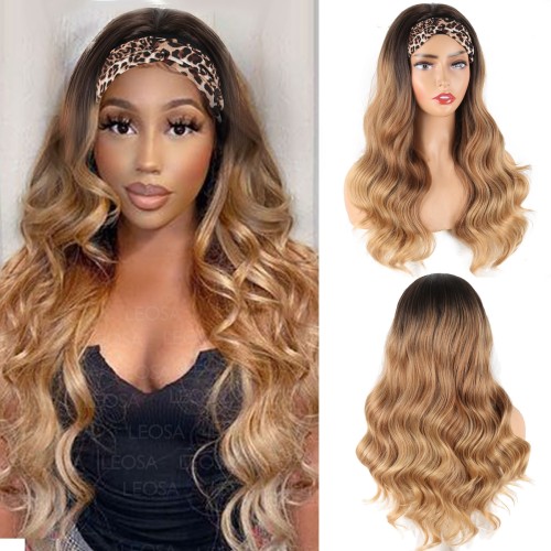 Two Tone Brown With Dark Roots Body Wavy Synthetic Headband Wigs HW928