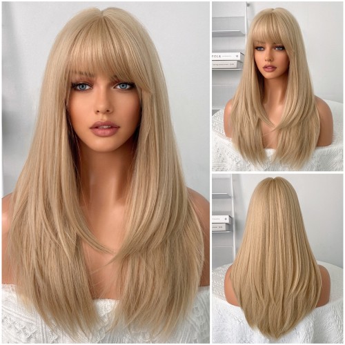 Beige Golden Mid-Length Straight Synthetic Wig RW124