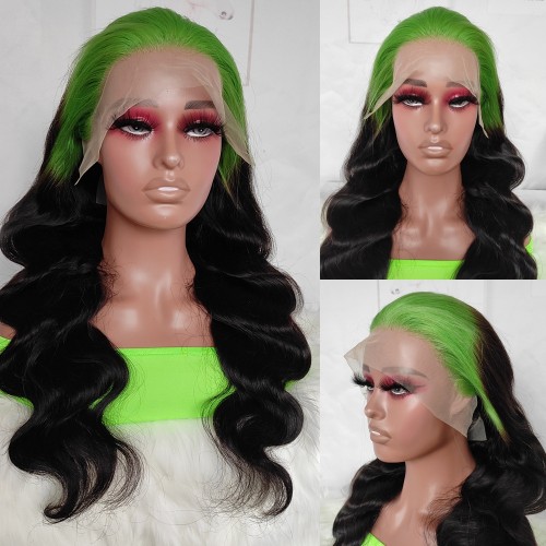 20" Black with Green Roots Body Wave Lace Front Remy Natural Hair Wig NH321
