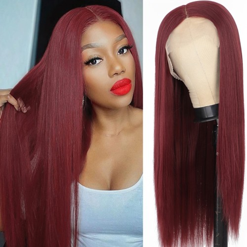 Wine Red Long Straight Lace Front Synthetic Wig LF037