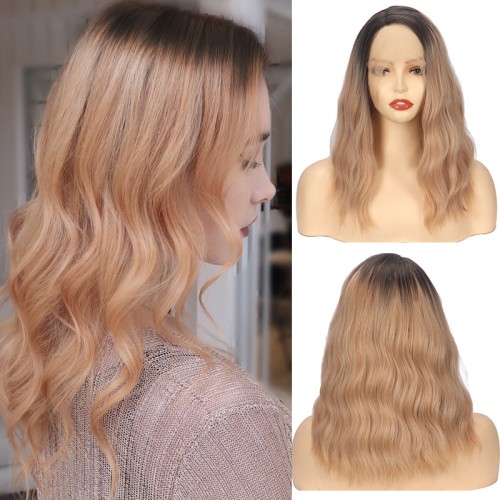 Light Yellow  with Dark Roots Wavy Lace Front Synthetic Wig LF091
