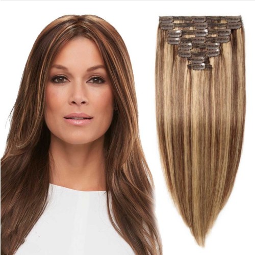Brown Mixed Blonde Human Hair Clip In Hair Extensions PW1091