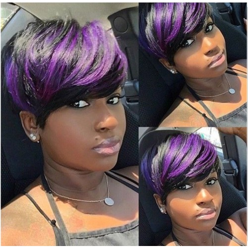 Black Mixed Purple Short Straight Synthetic Pixie Cut Wigs  RW1133