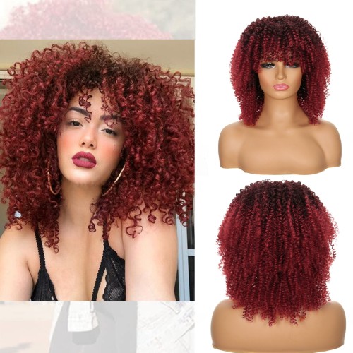 Wine Red with Dark Roots Curly Synthetic Afro Wig RW021