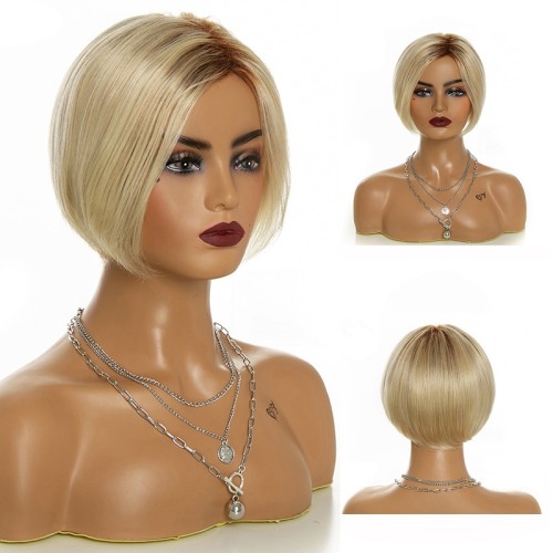 Golden With Brown Roots Short Bob Straight Blend Human Hair Wigs RW1257