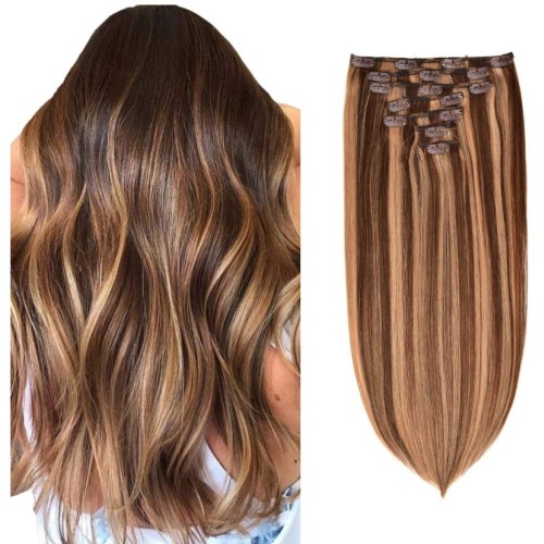 Brown Mixed Golden Human Hair Clip In Hair Extensions 7-piece Set PW1101
