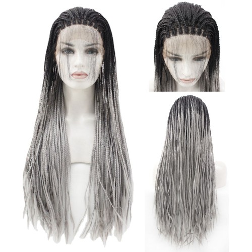 Three Dreadlocks Black Grey Ombre Lace Front Synthetic Braided Wig BW368