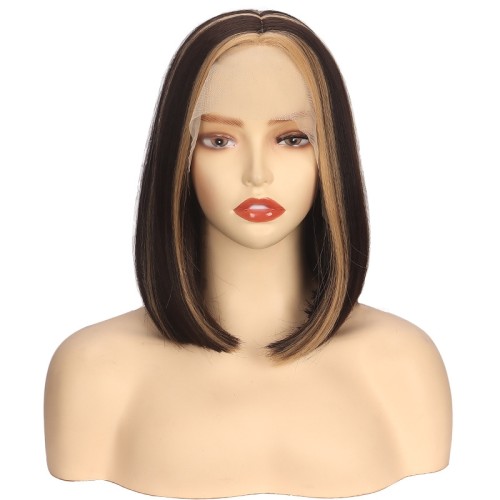 Black Mixed Blonde Straight Bob Lace Front Synthetic Wigs LF592