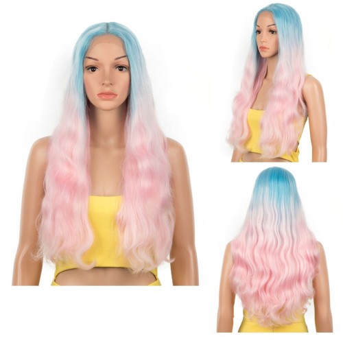 Pink With Light Blue Roots Long Wavy Curly Lace Front Synthetic Wig LF174