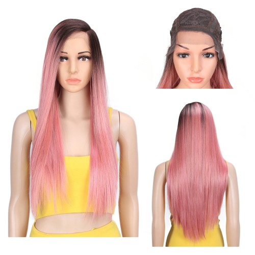 Pink With Dark Roots Straight Lace Front Synthetic Wig LF223