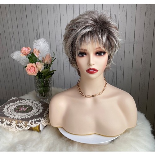 Two Tone Silver Grey Bangs Short Roll Synthetic Wigs RW1268
