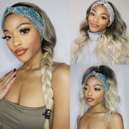 Platinum Blonde With Dark Roots Body Wavy Synthetic Headband Wigs HW929