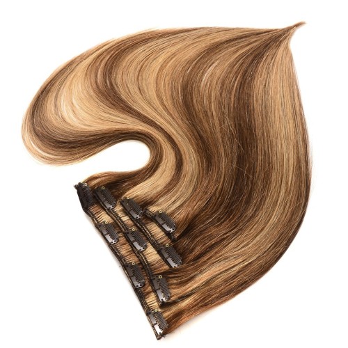 Brown Mixed Blonde Human Hair Clip In Hair Extensions 4-piece Set PW1096