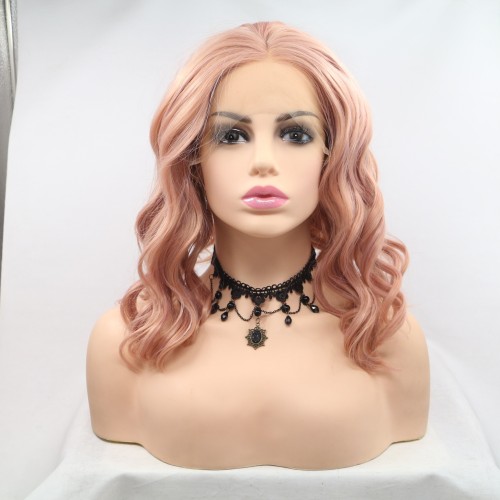 Light Orange Pink Wavy Bob Lace Front Synthetic Wigs LF645