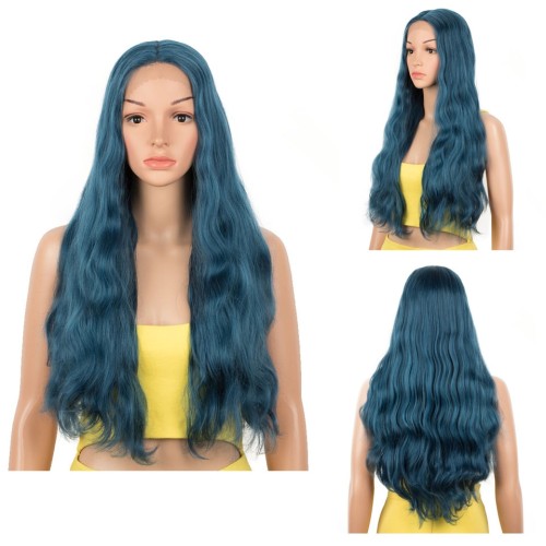 Two Tone Blue Ombre Long Wavy Curly Lace Front Synthetic Wig LF173