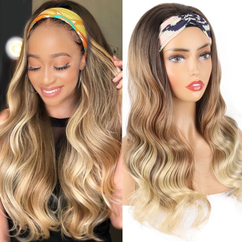 Brown Blonde Ombre With Dark Roots Body Wavy Synthetic Headband Wigs HW927