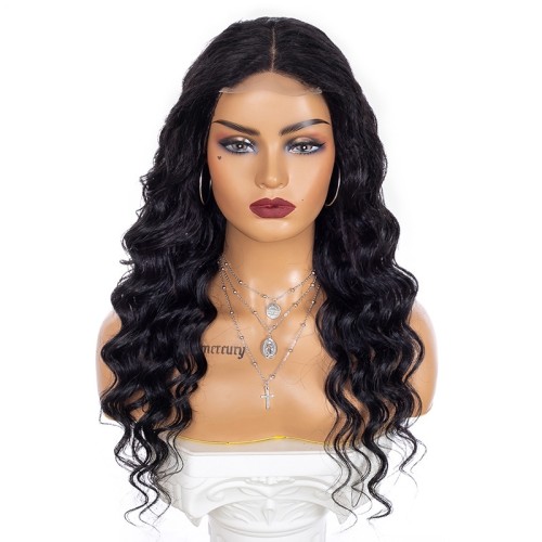 Natural Black Long Body Wave Lace Front Blend Human Hair Wigs NH1214