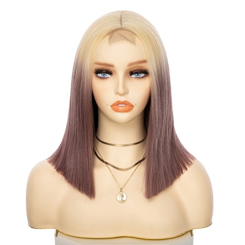 Blonde Dark Purple Ombre Short Straight Bob Lace Front Synthetic Wigs LF1201