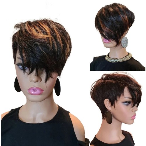Black Mixed Light Brown Short Straight Synthetic Pixie Wigs  RW1132