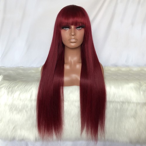 22" Wine Red Straight Bangs Remy Natural Hair Wig NH292