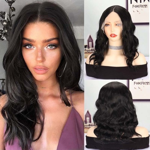 Mid-Length Black Wavy Lace Front Synthetic Wig LF057
