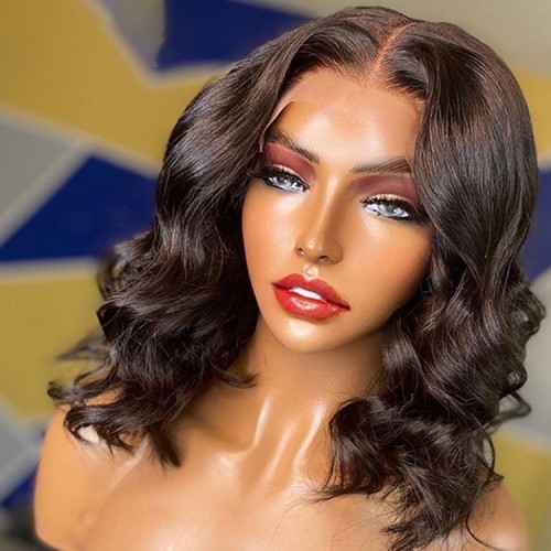 Mid-Short Black Wavy Lace Front Synthetic Wig LF082