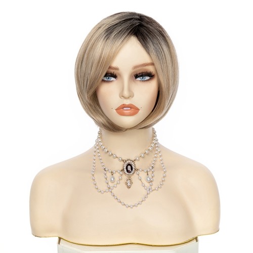 Pearl Blonde Rooted Diagonal Bangs Straight Bob Synthetic Wigs RW1300