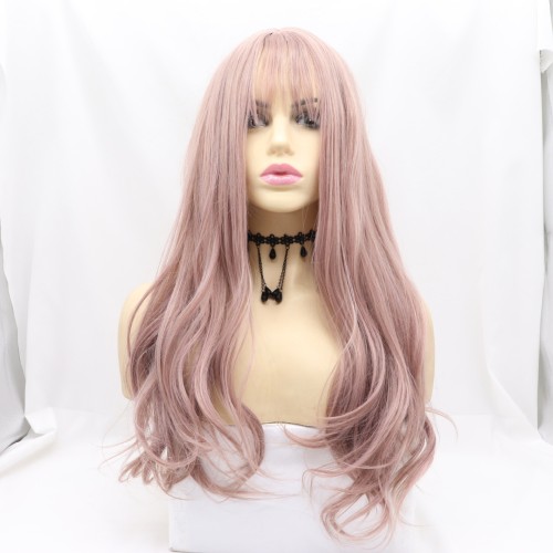 Dirty Pink Bangs Body Wavy Synthetic Wigs RW661