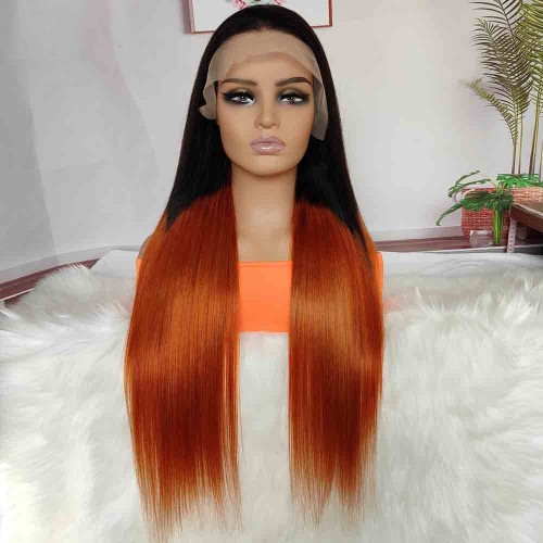 22" Black Orange Ombre Straight Lace Front Remy Natural Hair Wig NH293