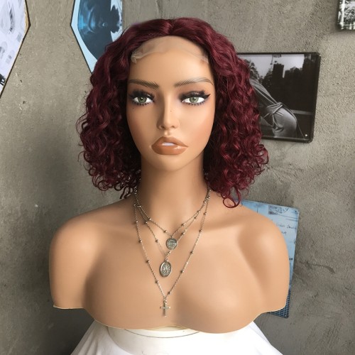 Wine Red Short Bob Kinky Curly Lace Front Human Hair Wigs NH1227