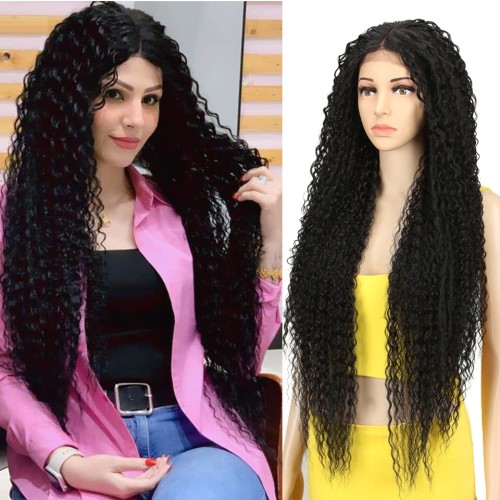 Black Super Long Curly Lace Front Synthetic Wigs LF192