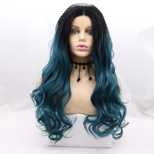 Black Dark Green Ombre Body Wavy Lace Front Synthetic Wigs LF631