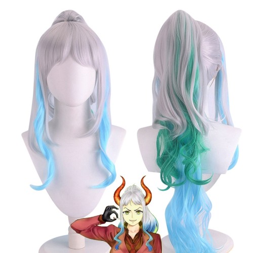 One Piece Yamato Silver Gradient Blue Green Ponytail Synthetic Cosplay Wigs CW855